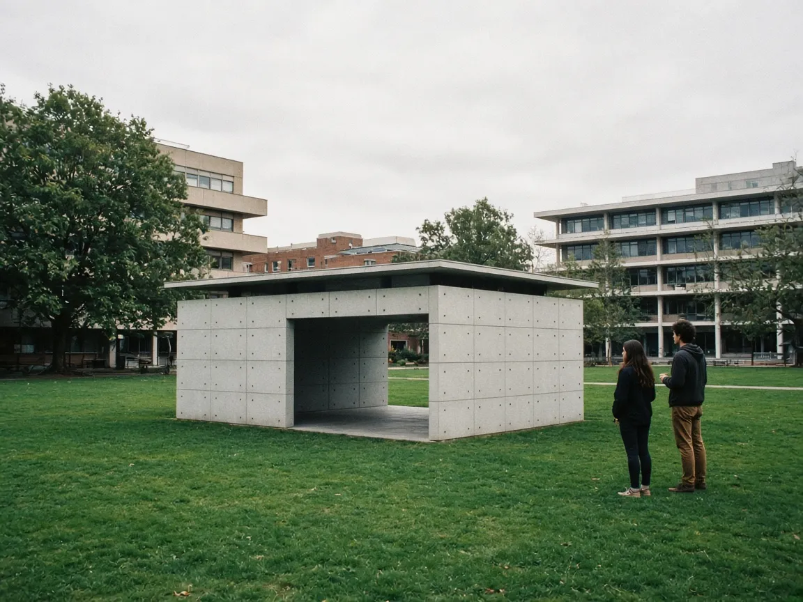 A concrete pavilion on the campus lawn