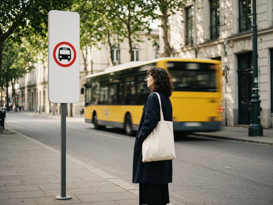 A bus stop sign on a city street