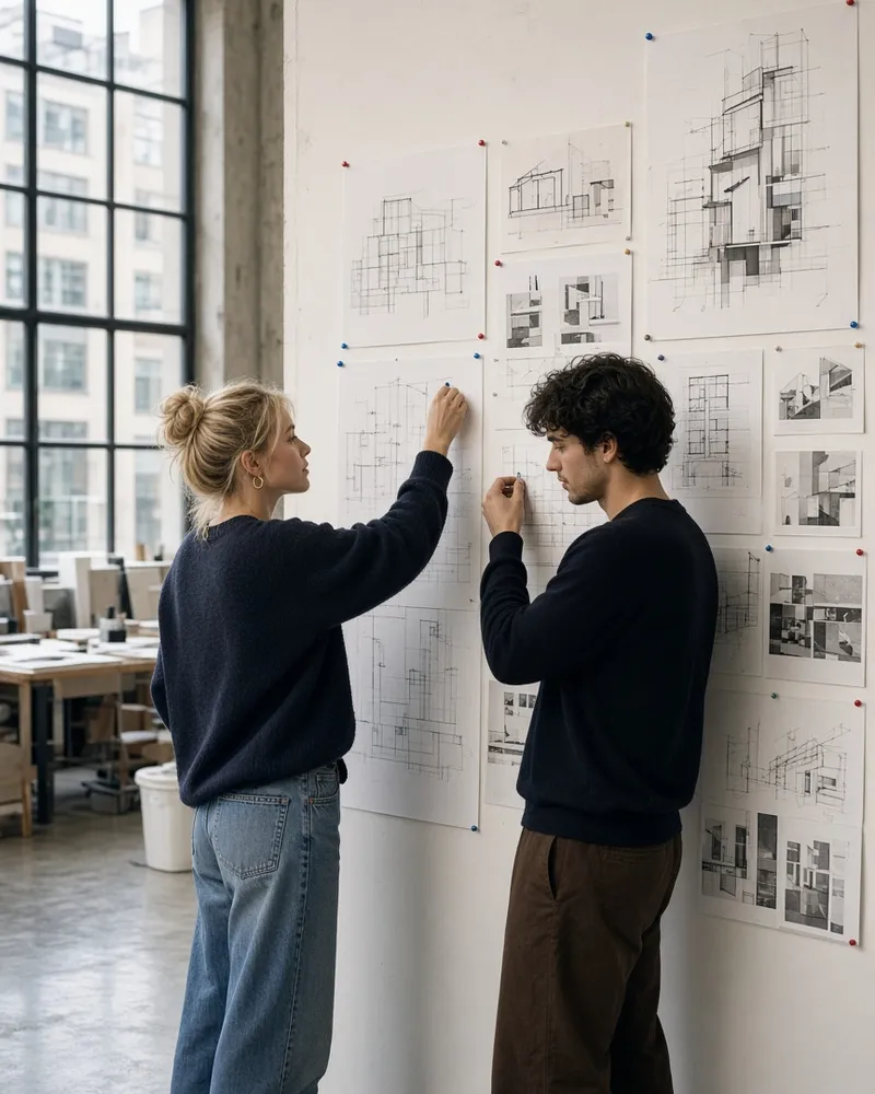 Students pinning drawings to a studio wall
