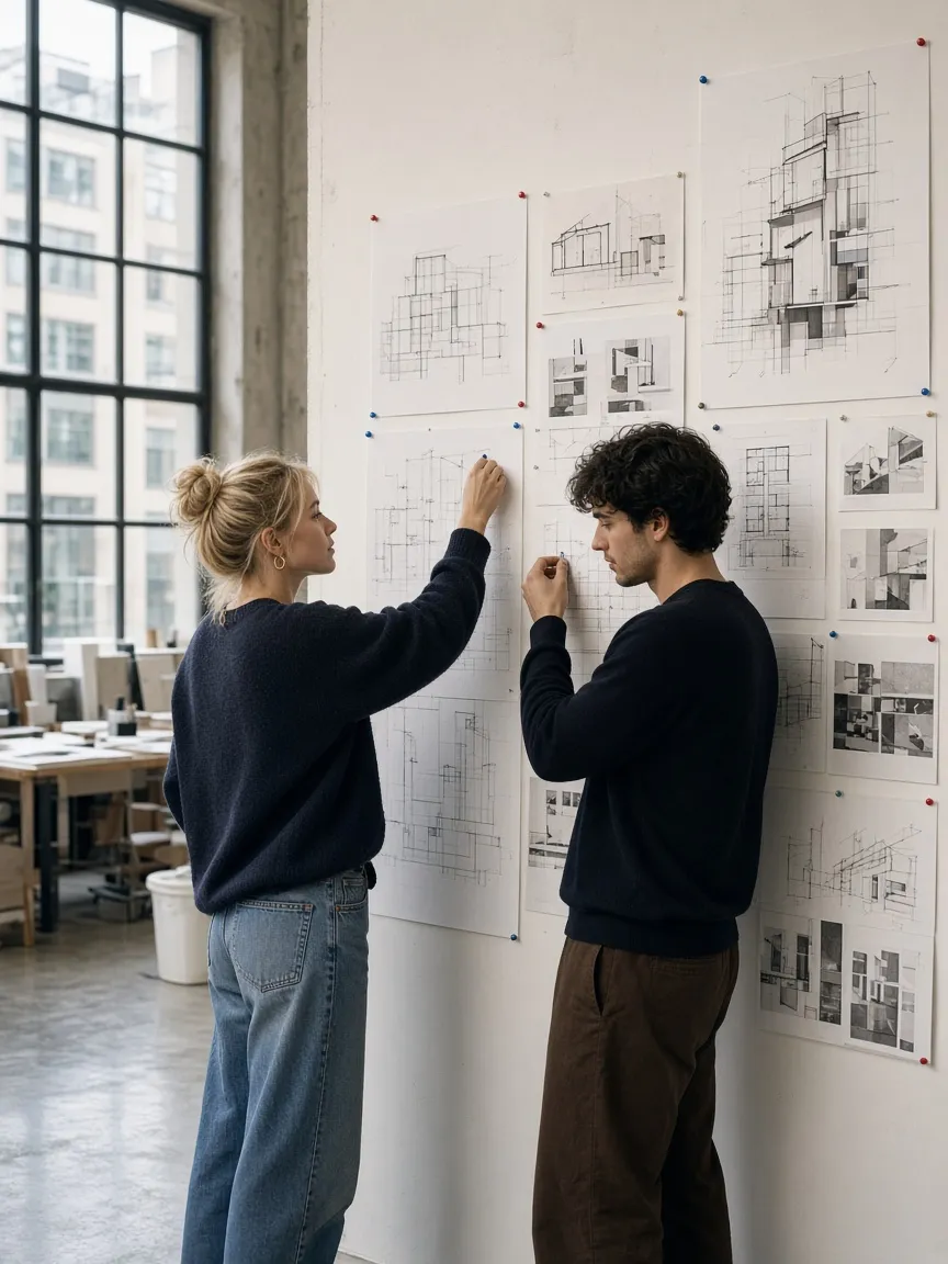 Students pinning drawings to a studio wall