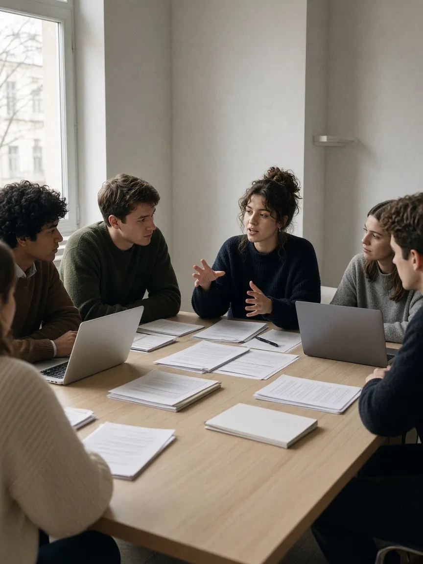 Students discussing around a seminar table