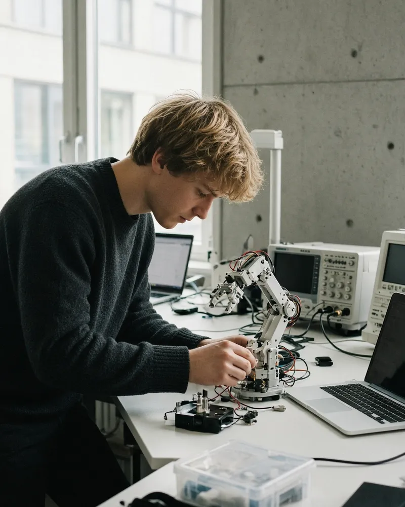 A laboratory bench with instruments and laptops