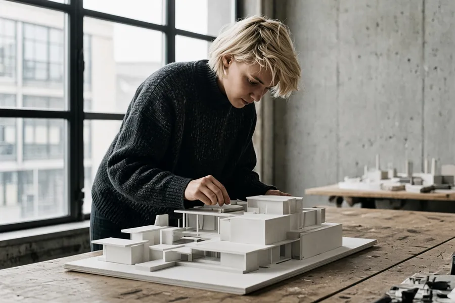A student working on an architectural model in the design studio