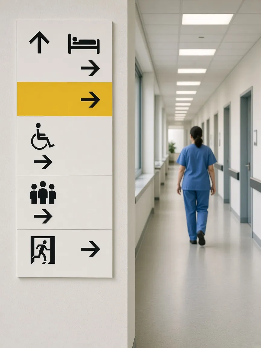 Signs on a hospital corridor wall