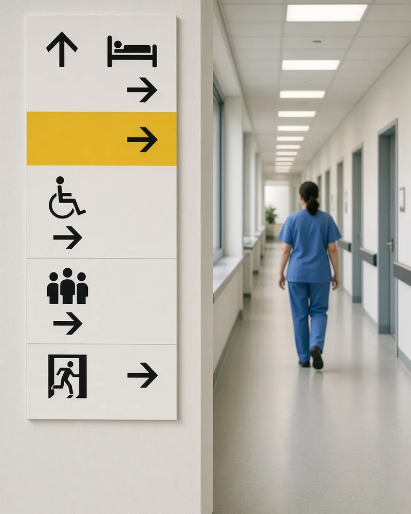 Signs on a hospital corridor wall